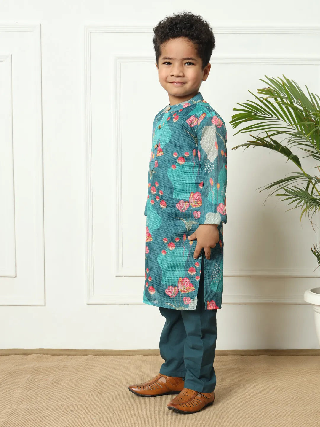 Boys  kota doria fabric navy teal color kurta pyjama