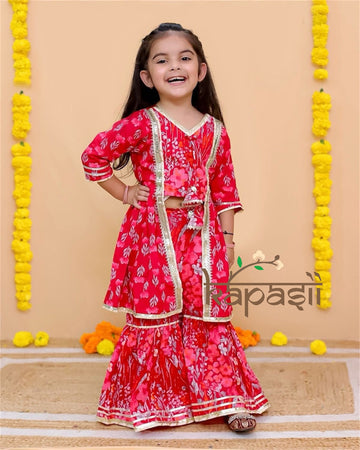 Roshni printed crop top shrug and pant set pink