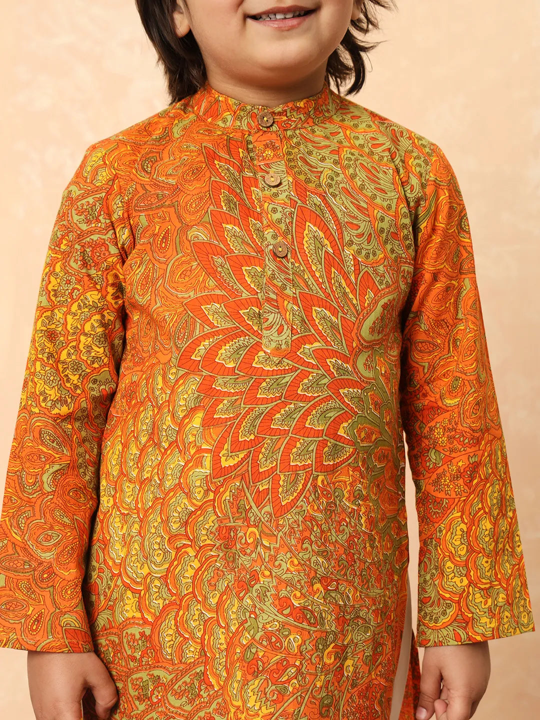 Boys orange elegant print kurta pajama set