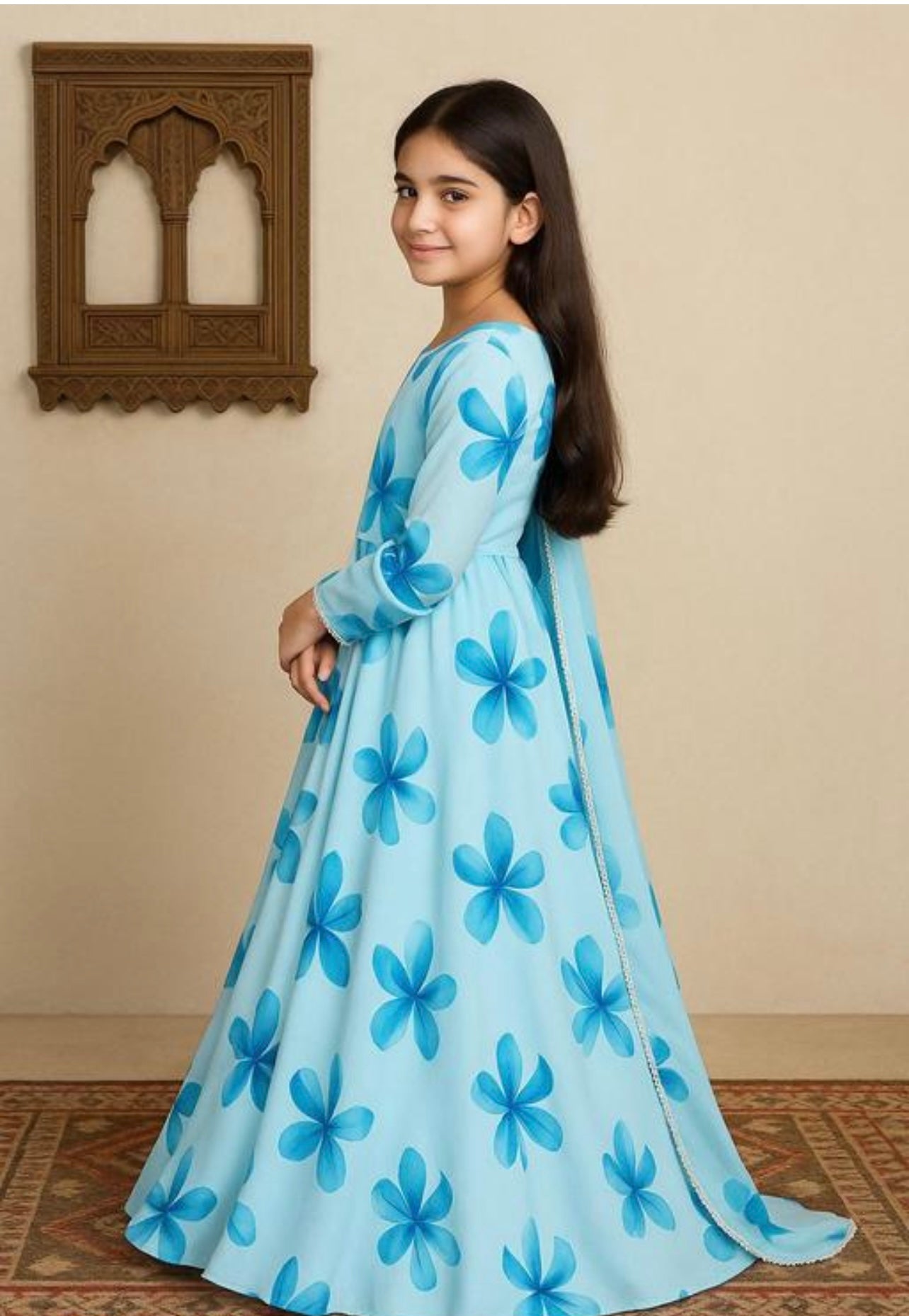 Girls georgette floral long gown with dupatta set- sky blue and white