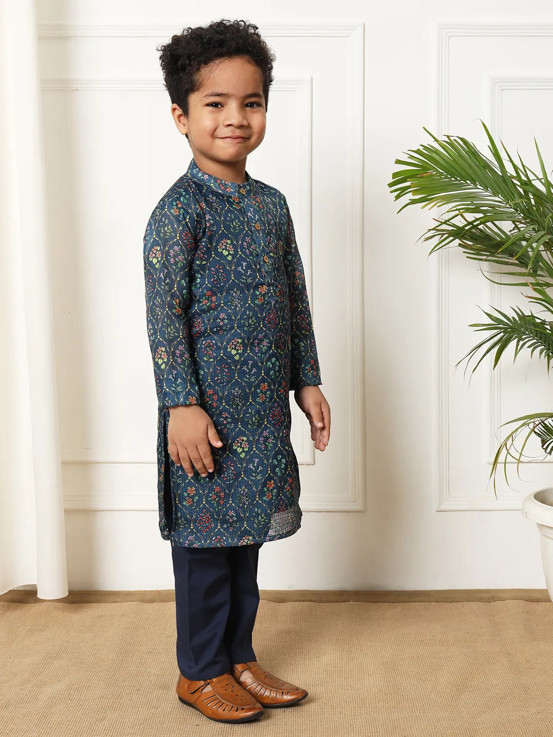 Boys kota doria fabric navy blue color kurta pyjama