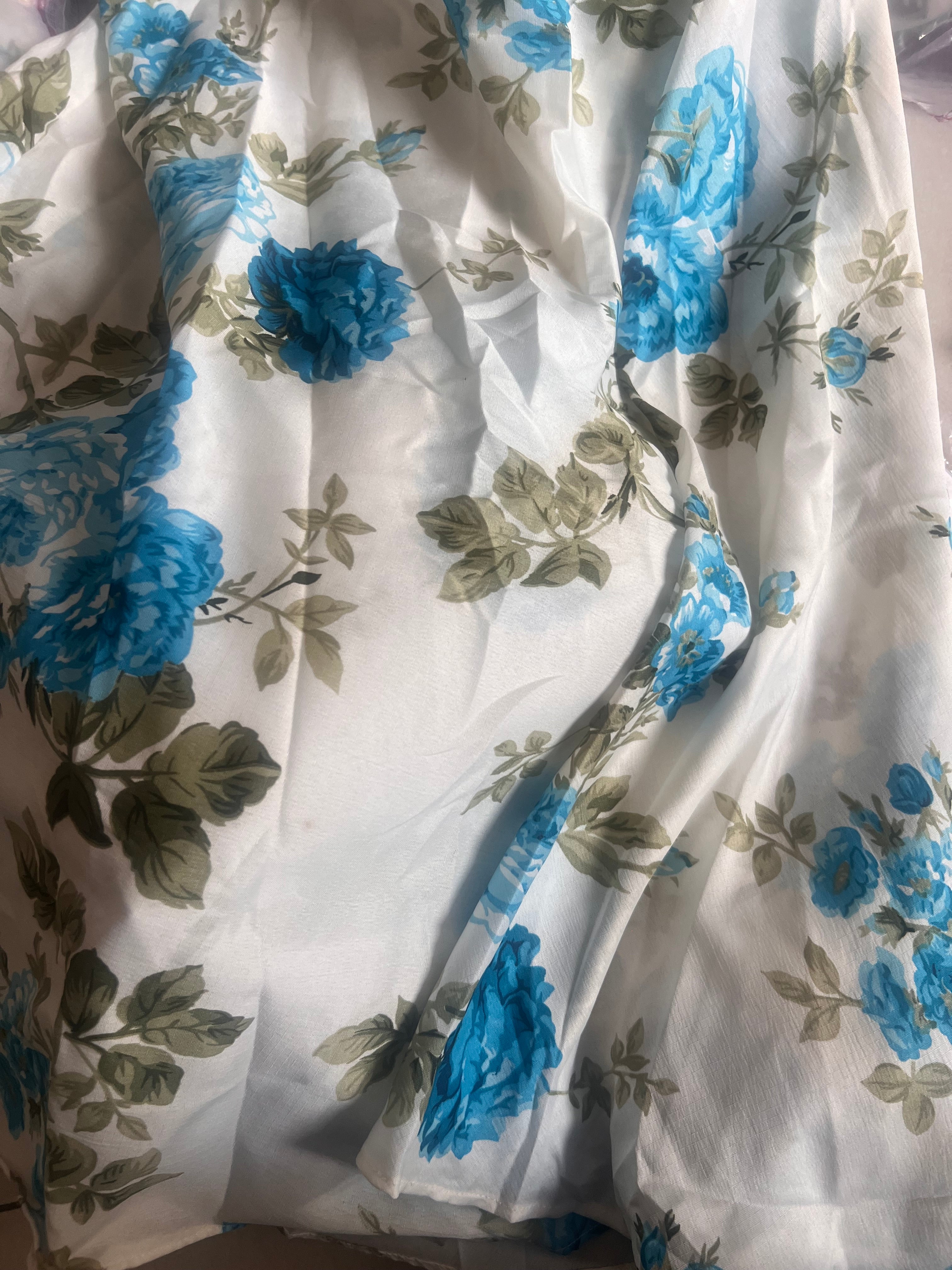 Girls georgette floral long gown with dupatta set- sky blue and white