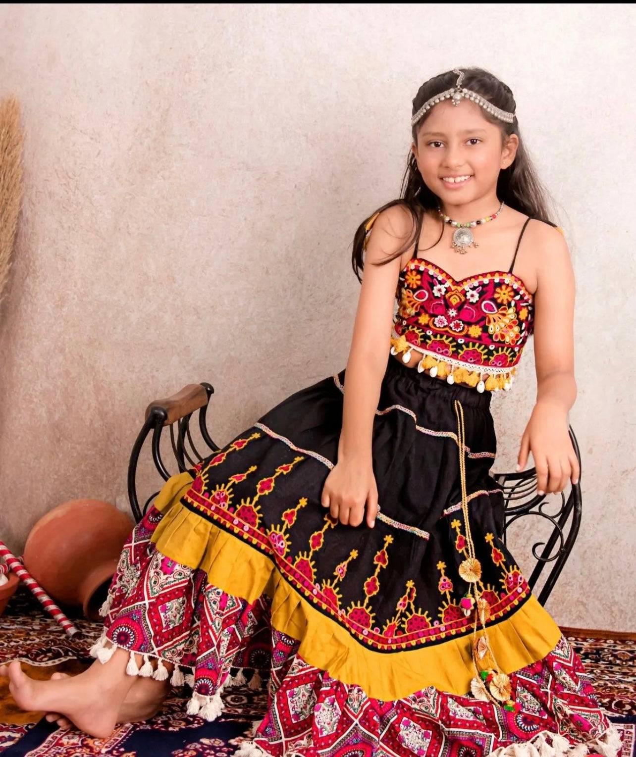 Ghoomar black ghamthi traditional lehenga choli for girls- mustard and black
