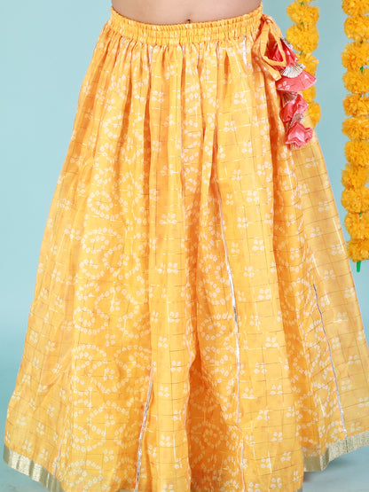 Mehfil yellow bandhni lehenga choli set with puffed sleeves