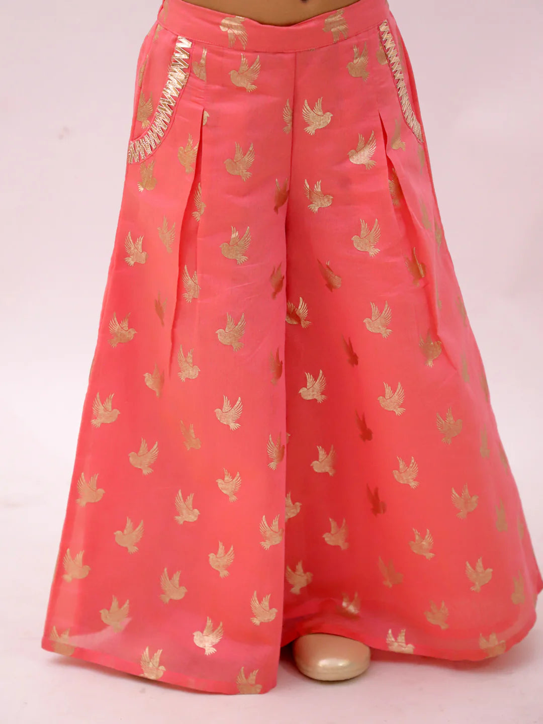 Mehfil classy pink gold foiled bird print cord set