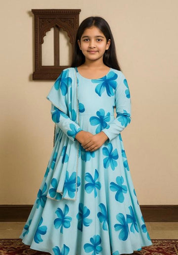 Girls georgette floral long gown with dupatta set- sky blue and white