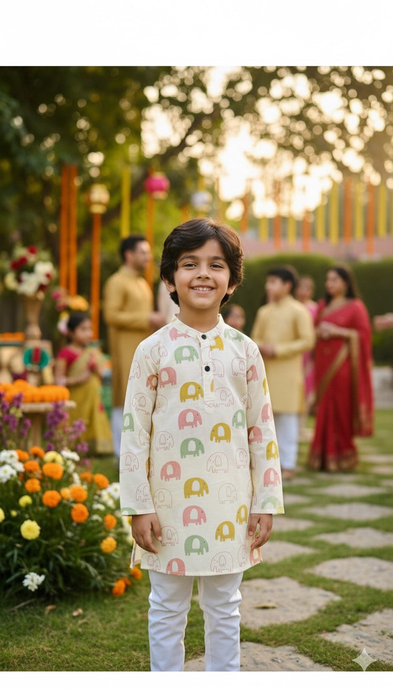 Utsav off white Kurta pajama set - pink and green elephant