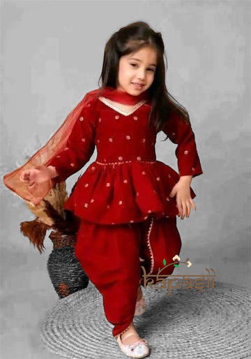 Baby Girls sequin dhoti sets velvet maroon red