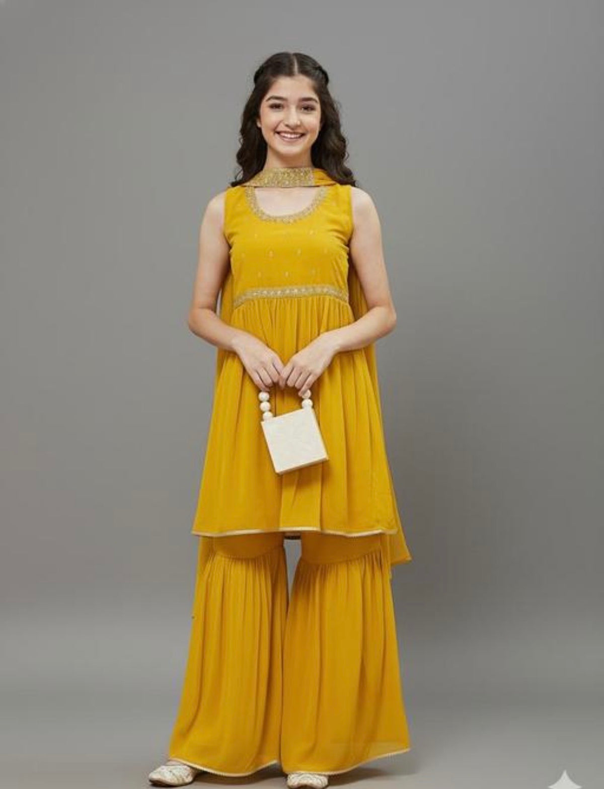 Girls yellow kurti plazzo dupatta set