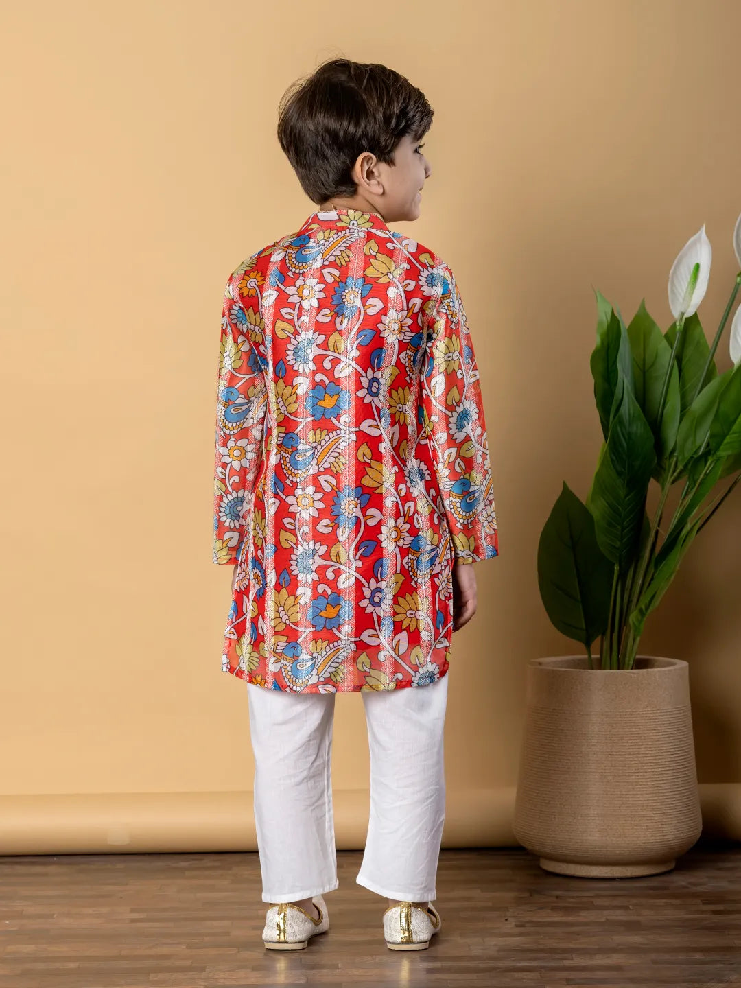 Boys straight style chanderi silk fabric red color kurta and pyjama