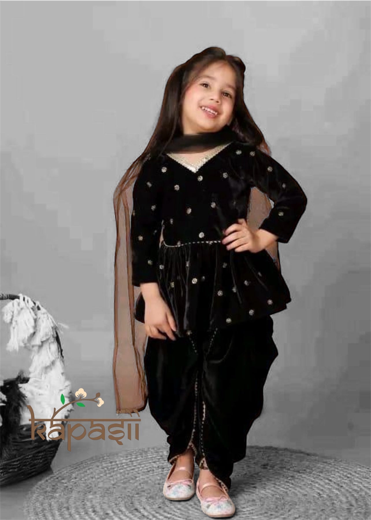 Baby girl sequin dhoti sets black velvet