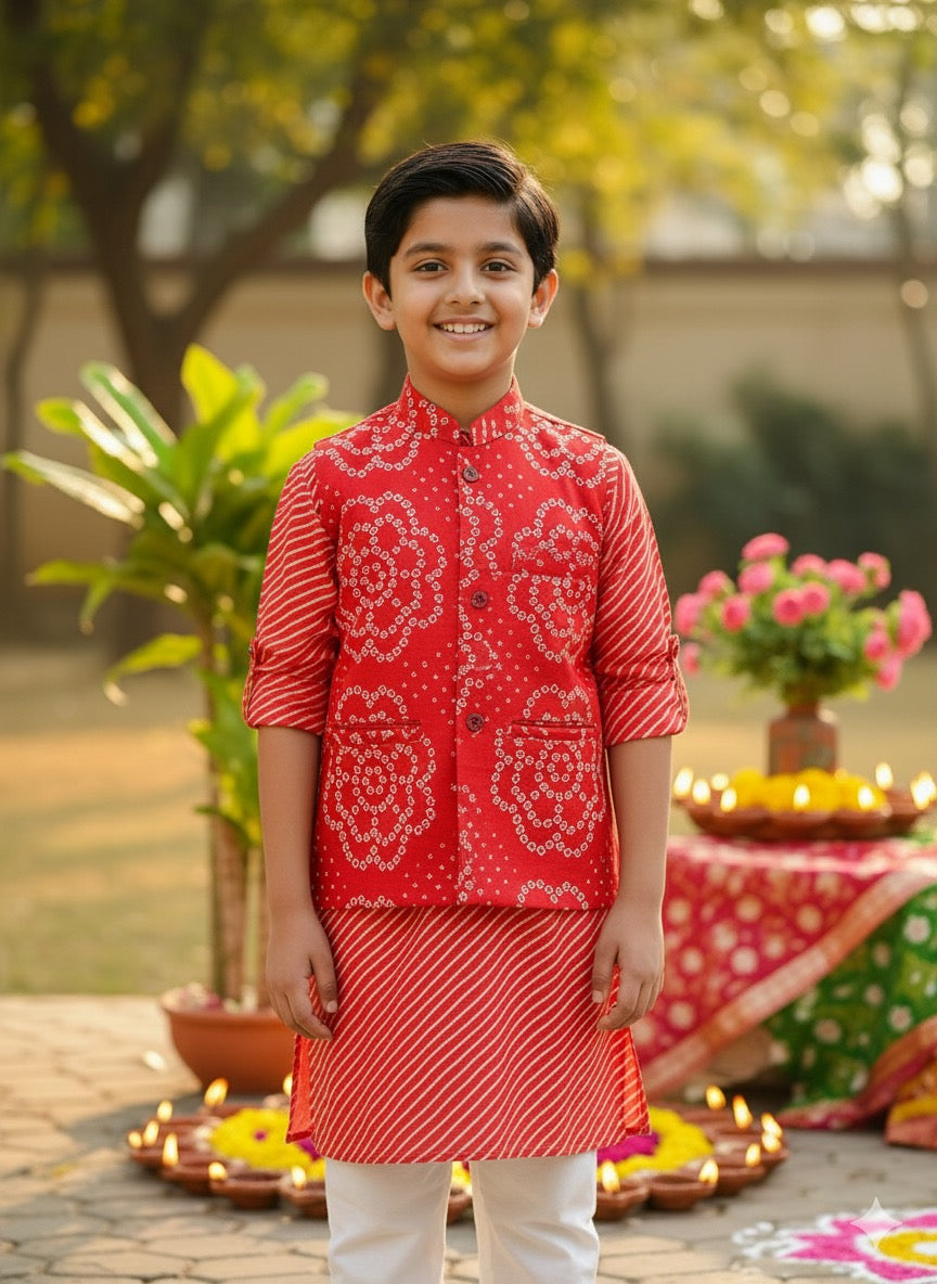 Utsav big boys kurta pajama jacket set- rani pink