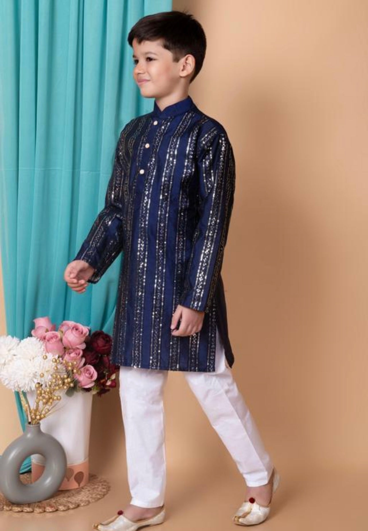 Navy blue heavy embroidery and mirror work festive boys kurta pajama set