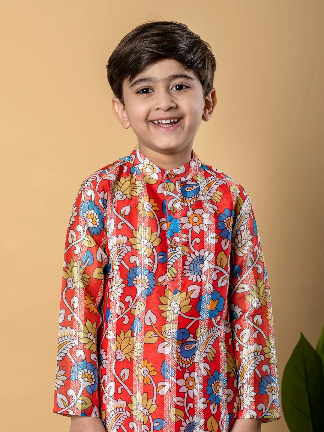 Boys straight style chanderi silk fabric red color kurta and pyjama