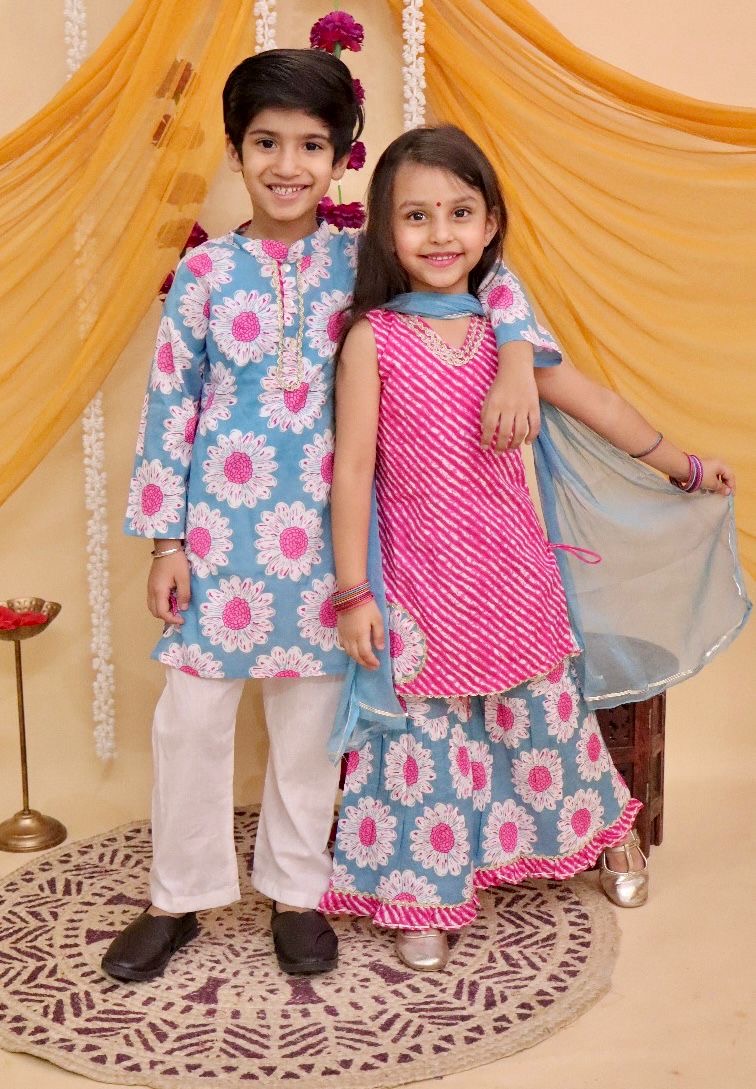 Boys floral kurta pajama set teal