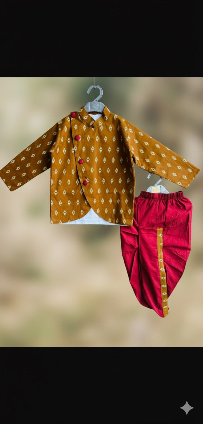 Utsav elegant jacket dhoti set- maroon and brown