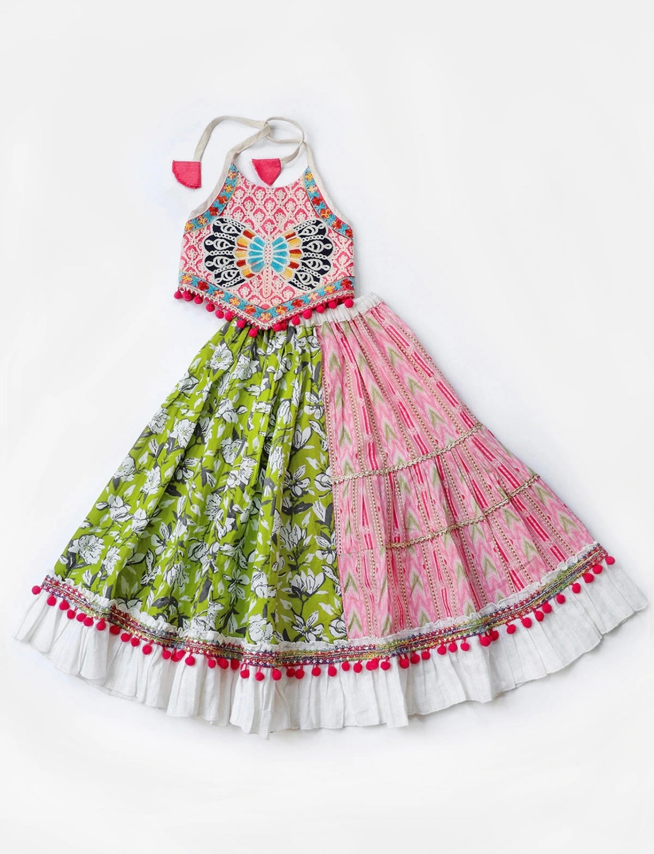 Ghoomar Girlish Pink Butterfly Flairy Lehenga Choli for Girls- pink and white