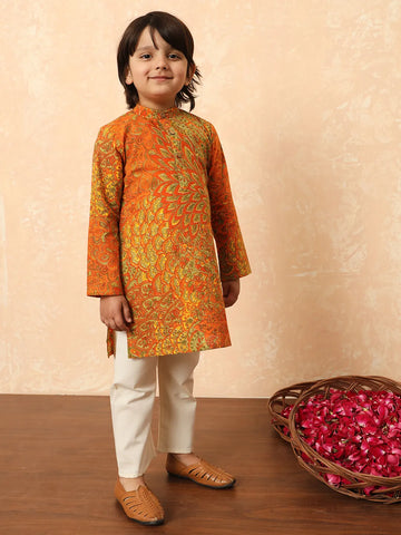 Boys orange elegant print kurta pajama set