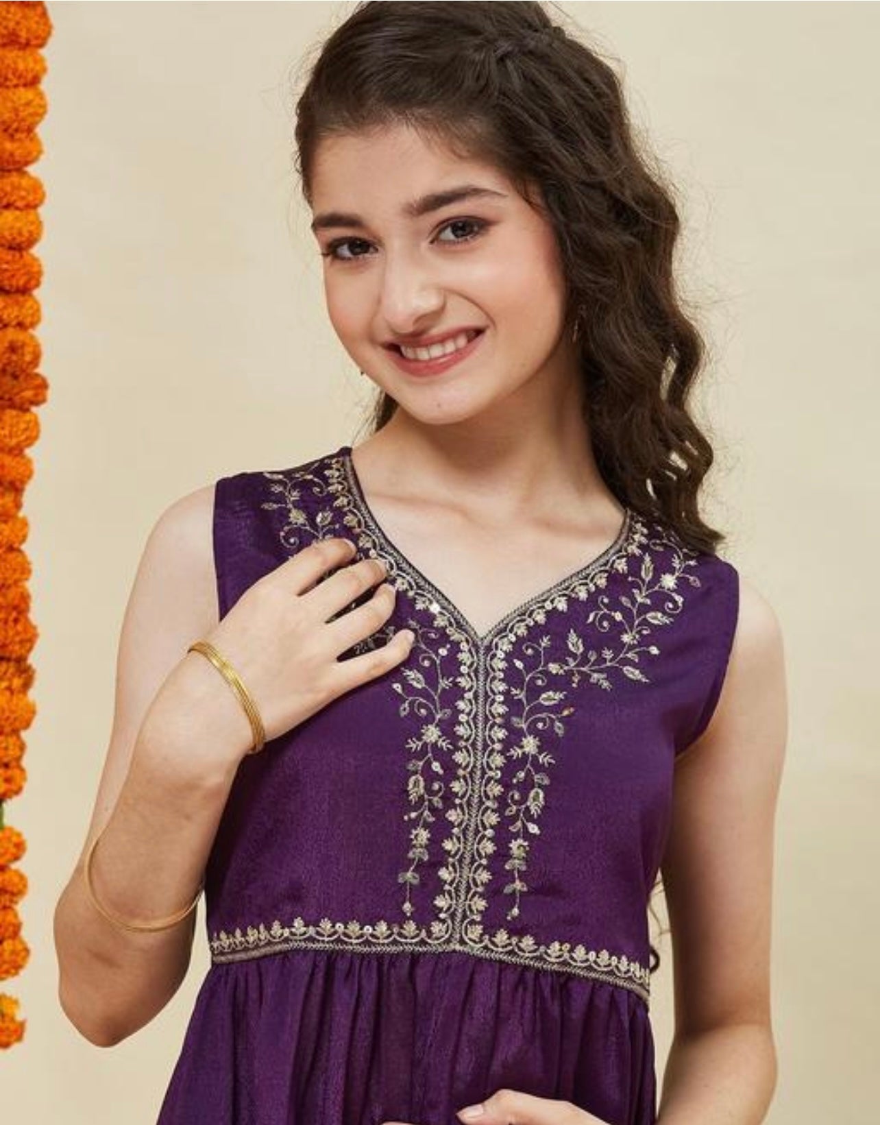 Girls festive sleeveless poly chinon top with Sharara set violet