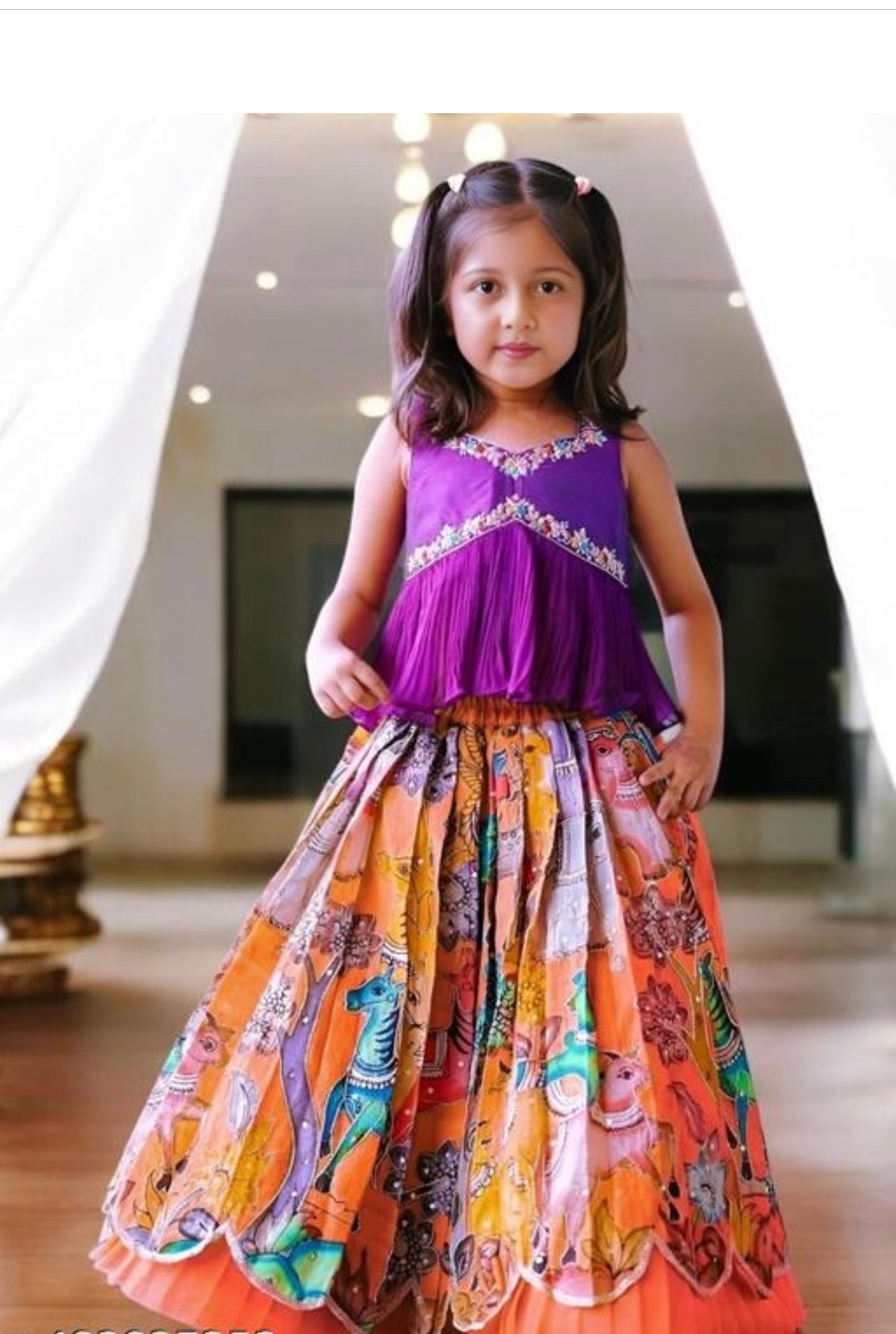 Designer pattu pavadai girls set orange and purple