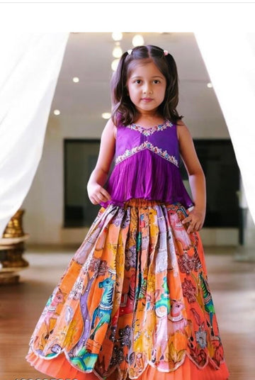 Designer pattu pavadai girls set orange and purple