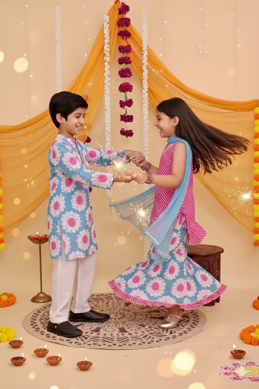 Boys floral kurta pajama set teal
