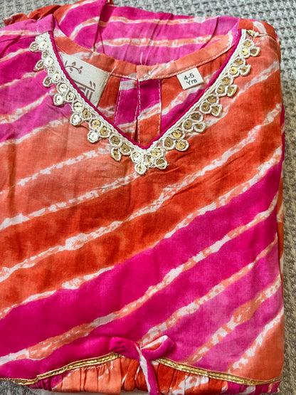 Shagun leheriya kurta,  silk dhoti and mul  dupatta set