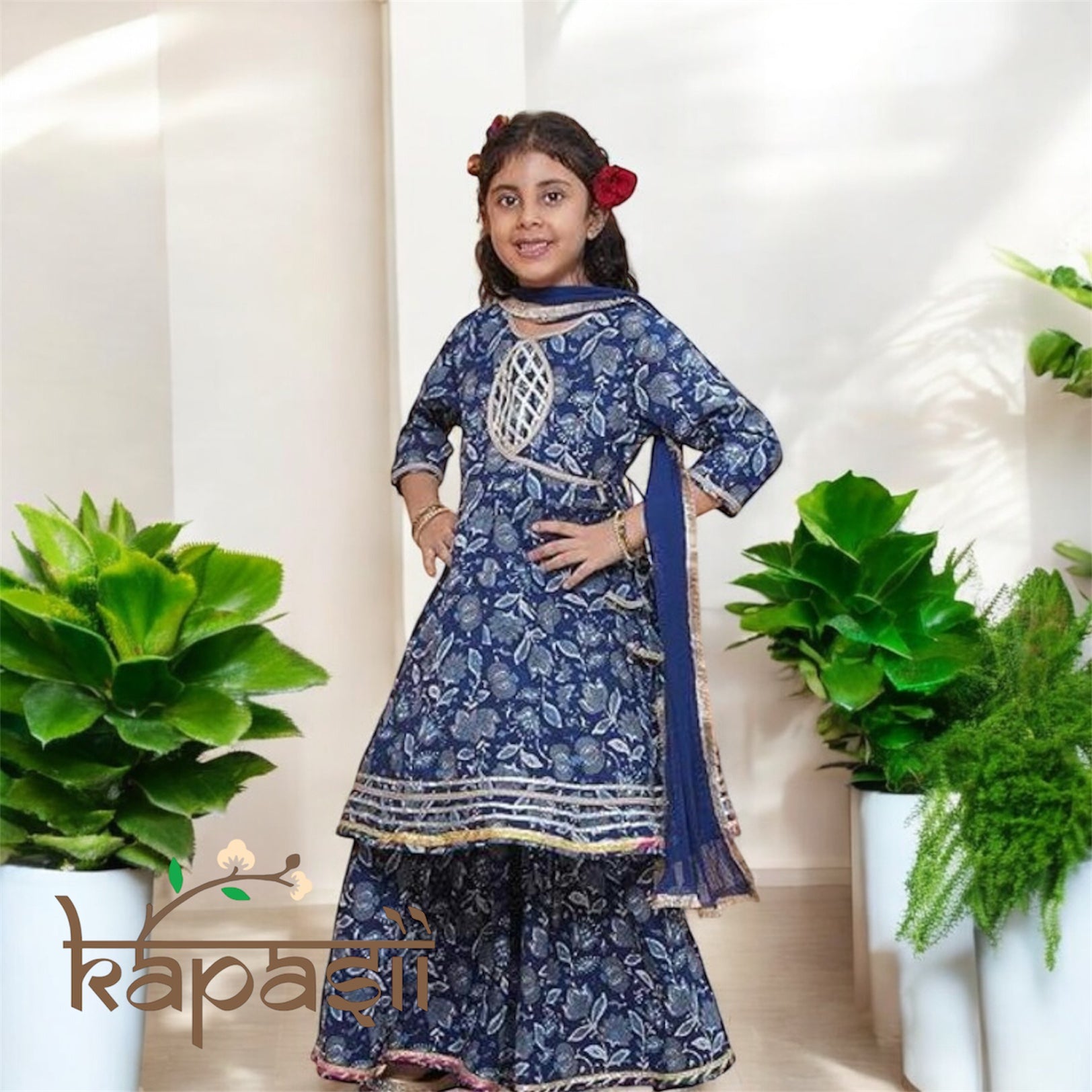 Girls blue anarkali Sharara set with blaze neckline and dupatta