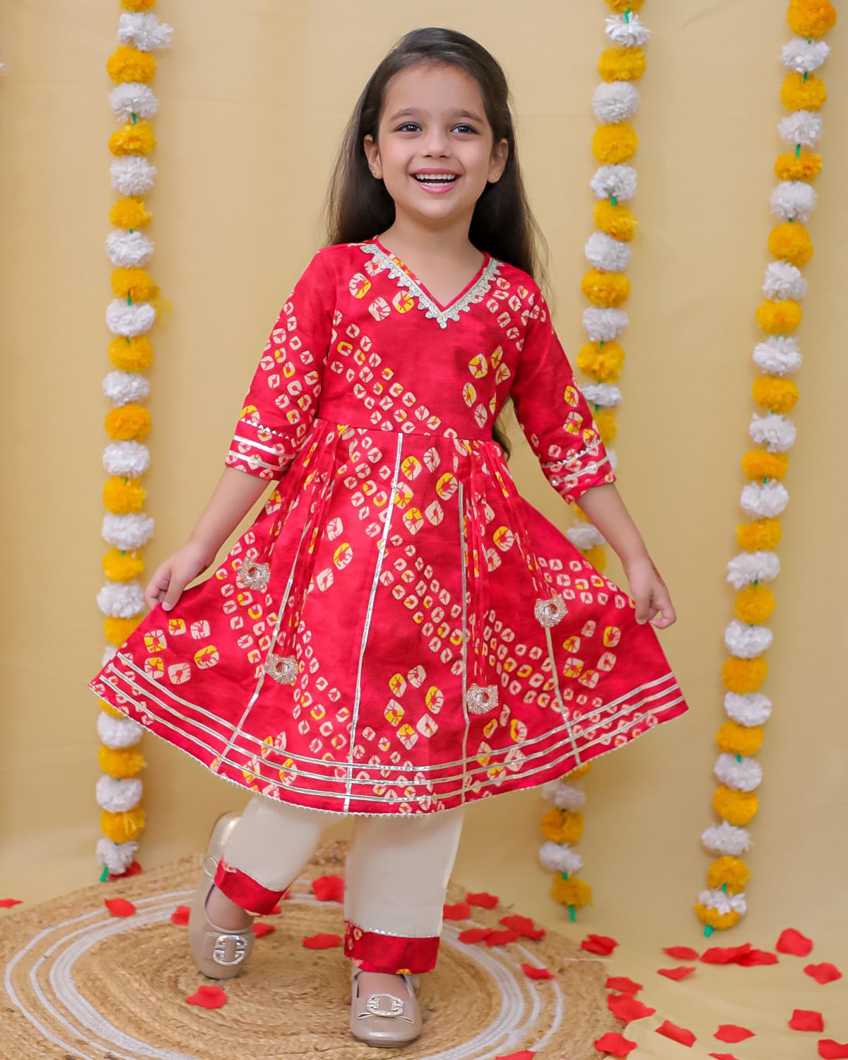 Basant red bandhani anarkali set