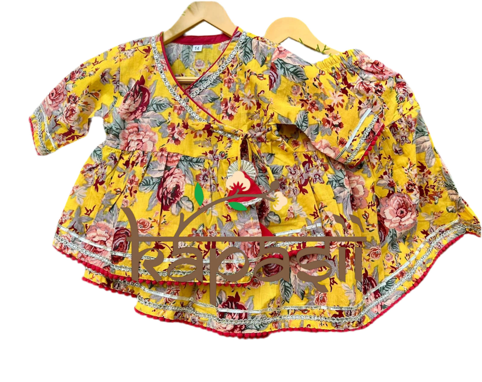 Ladoo infant anghrakha lehenga baby  set- yellow flower