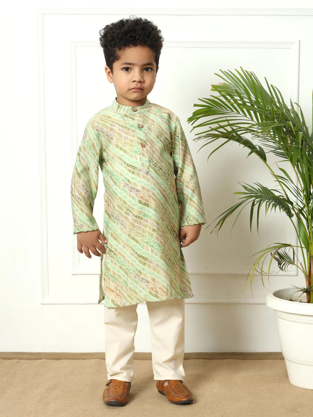 Boys straight style silk fabric olive color kurta and pyjama with nehru jacket