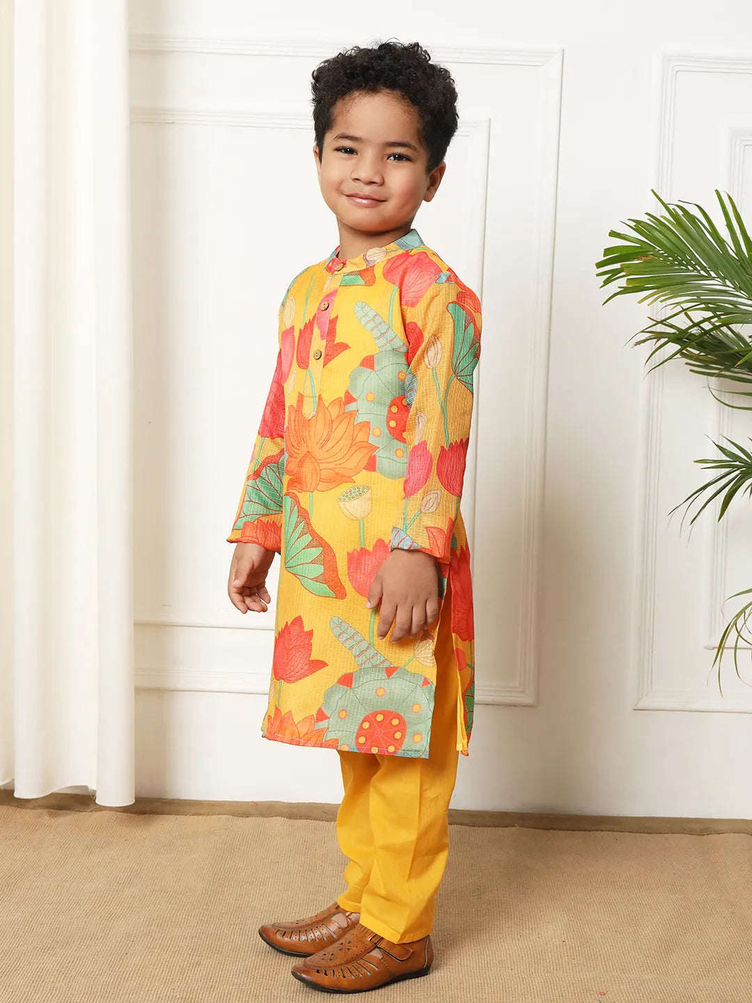 Boys kota doria yellow kurta pajama set