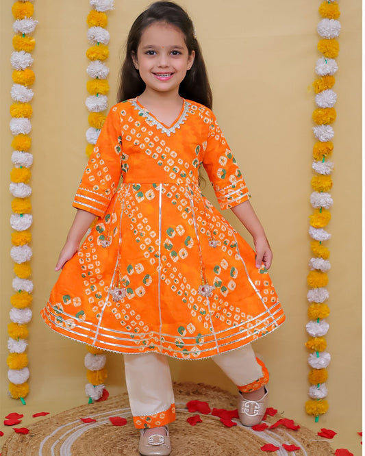 Basant orange bandhani anarkali set