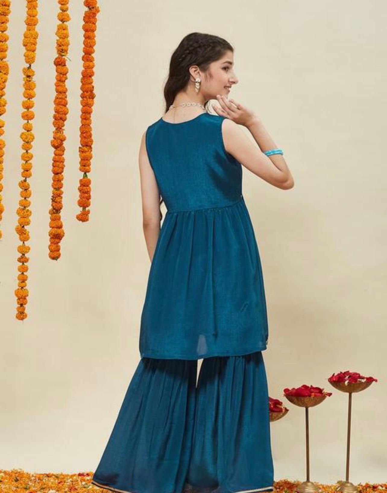 Girls festive sleeveless poly chinon top with Sharara set teal