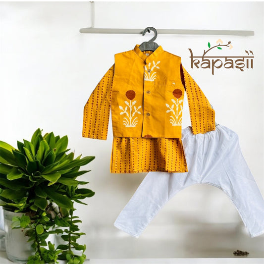 Utsav golden yellow kurta pajama jacket set