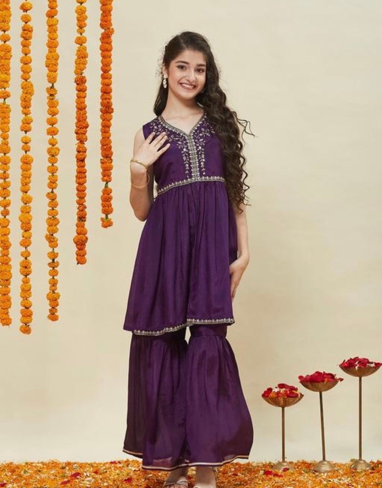 Girls festive sleeveless poly chinon top with Sharara set violet