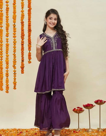Girls festive sleeveless poly chinon top with Sharara set violet