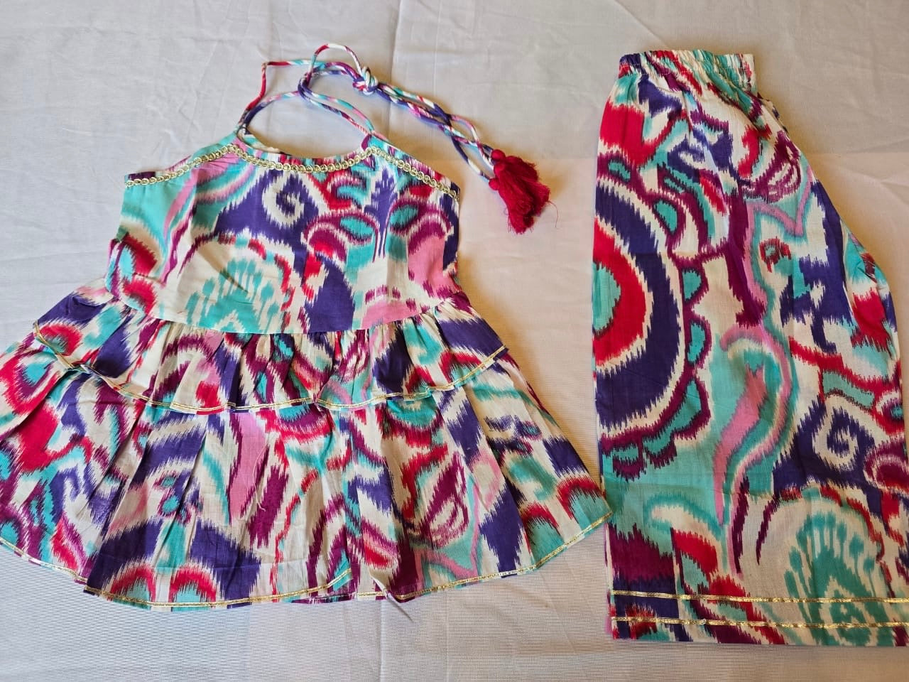 Girls cord set Ikkat print blue eyes