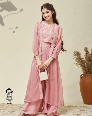 Pastel pink tissue dupatta jacket plazzo set