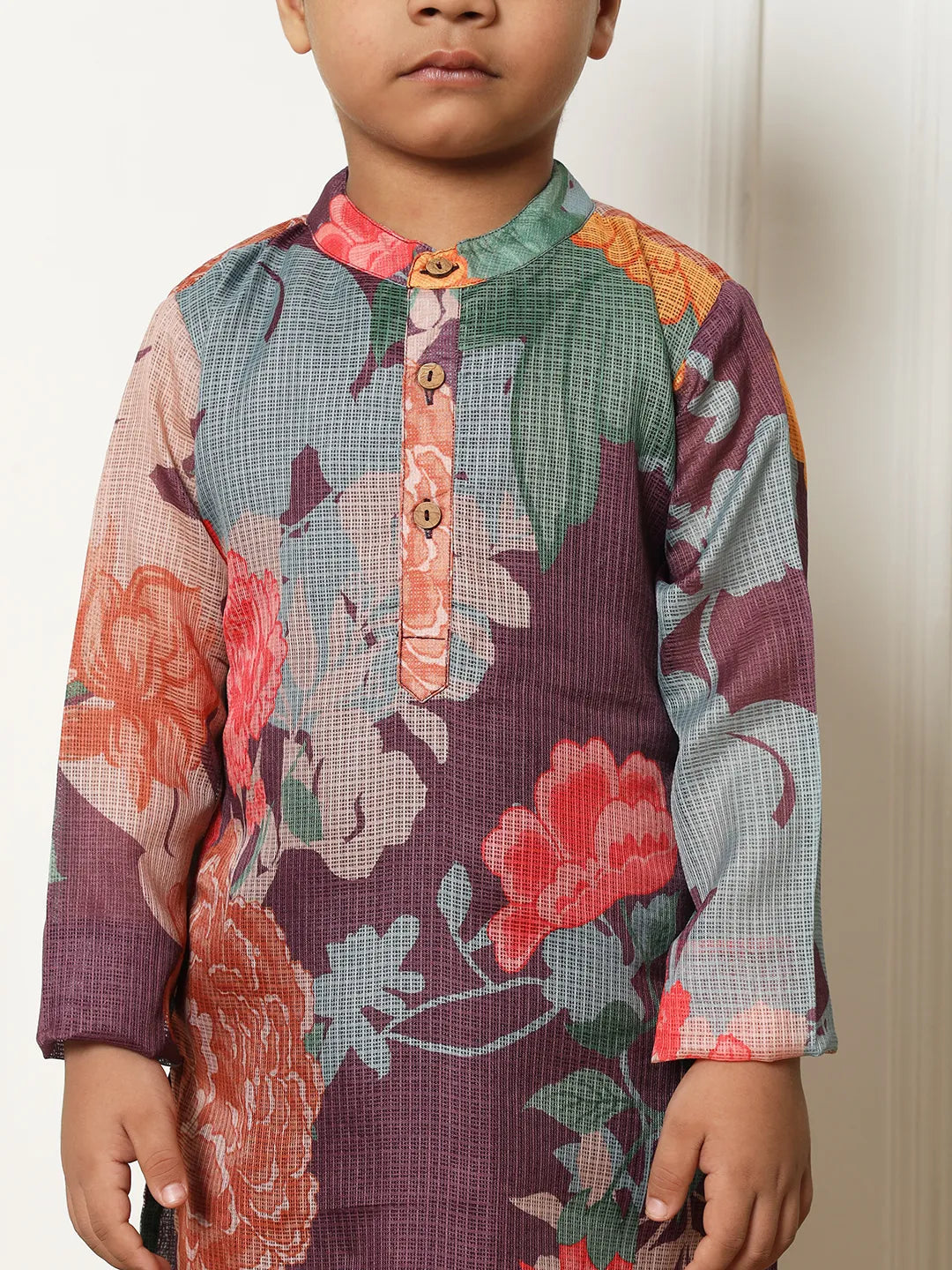 Boys kota doria wine colour kurta pajama set