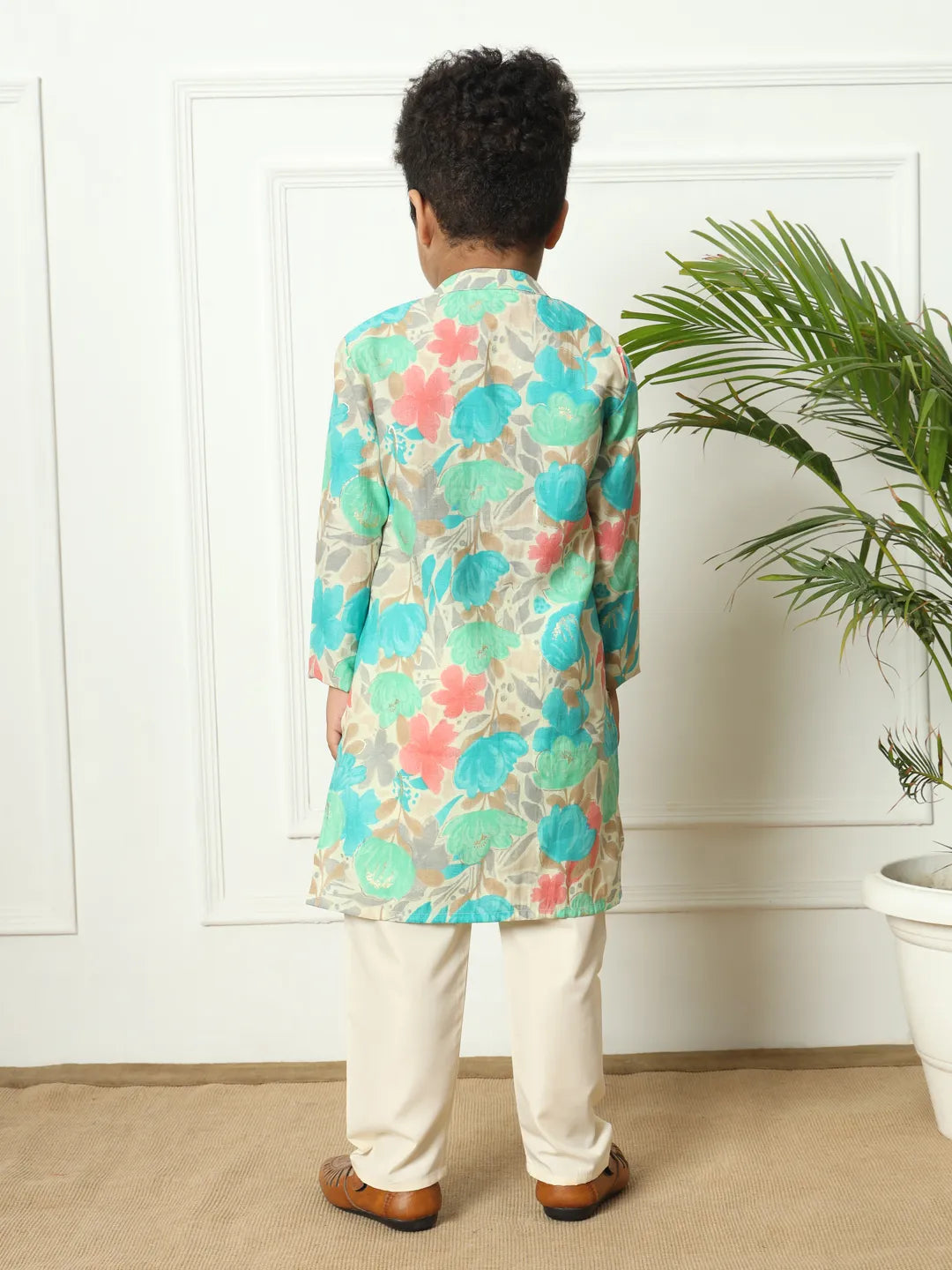 Boys straight style kota doria fabric navy teal color kurta  pajama  jacket set