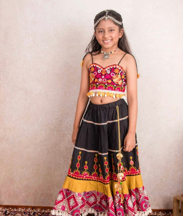 Ghoomar black ghamthi traditional lehenga choli for girls- mustard and black