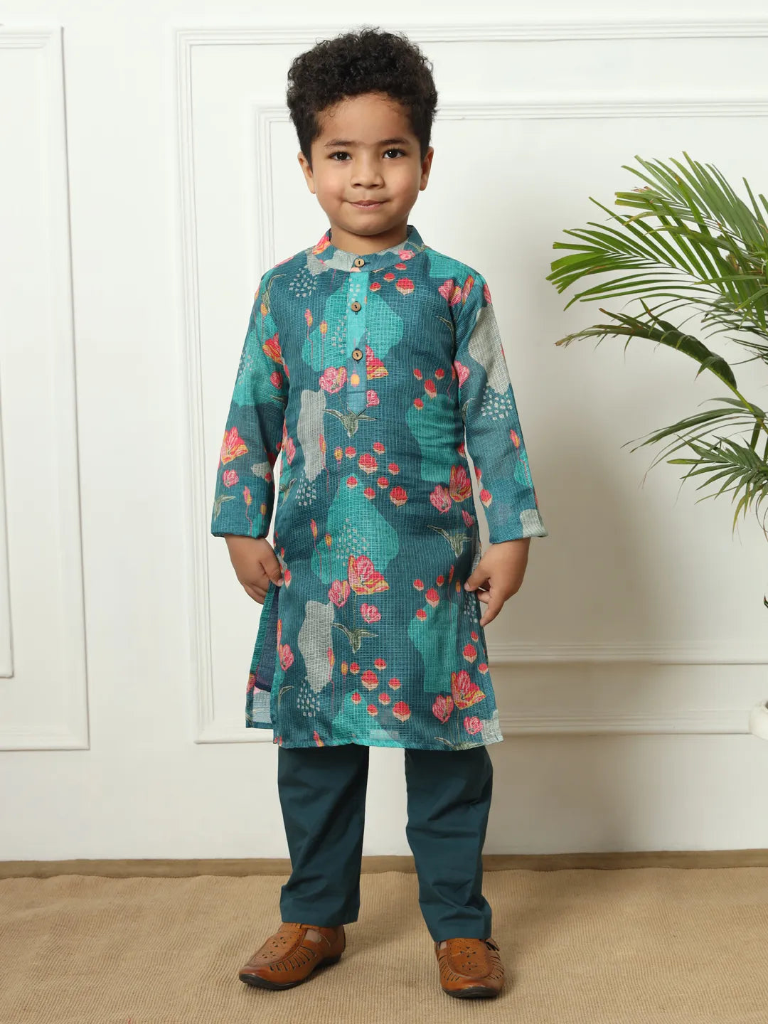 Boys  kota doria fabric navy teal color kurta pyjama