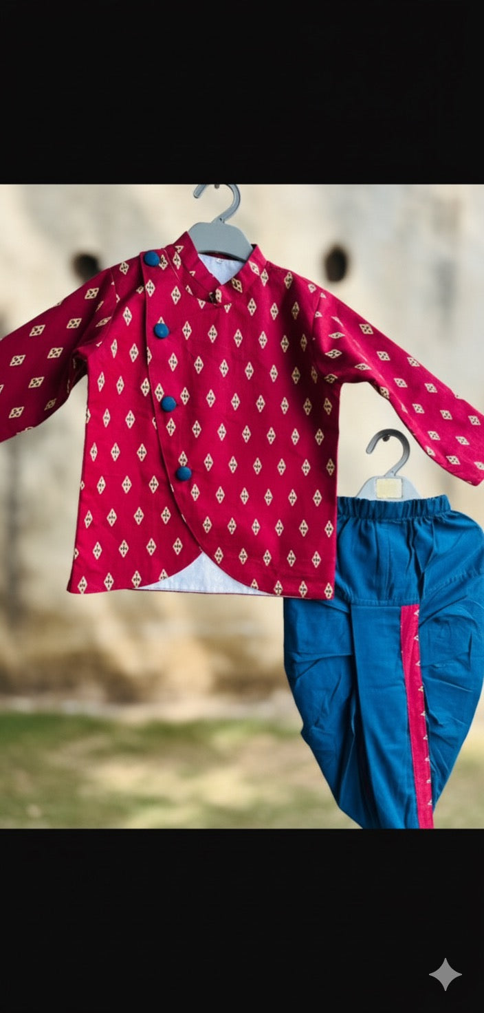 Utsav elegant jacket dhoti set-teal blue and deep red