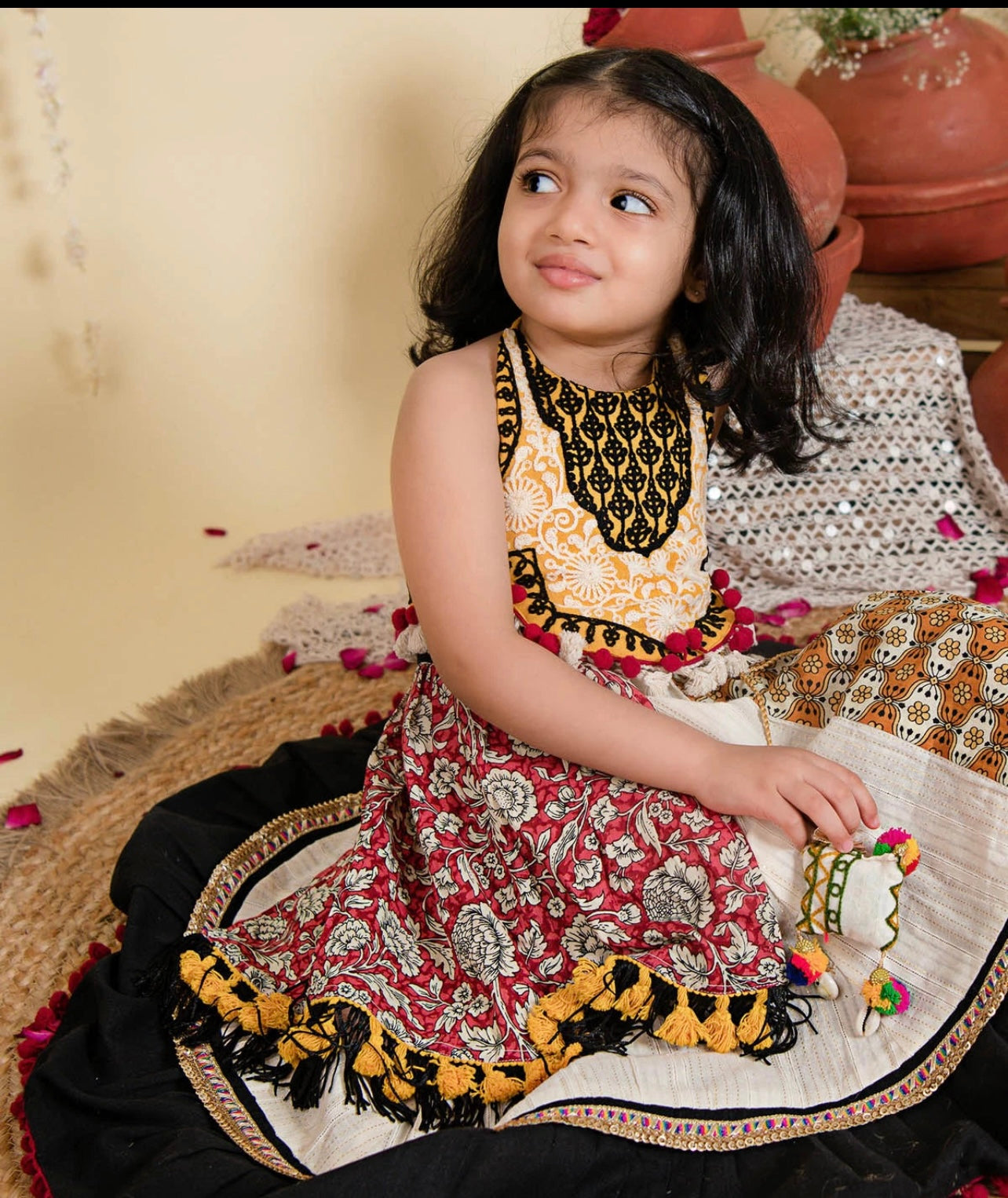 Ghoomar Festive Black Flaired Chaniya Choli for girls- beige and black