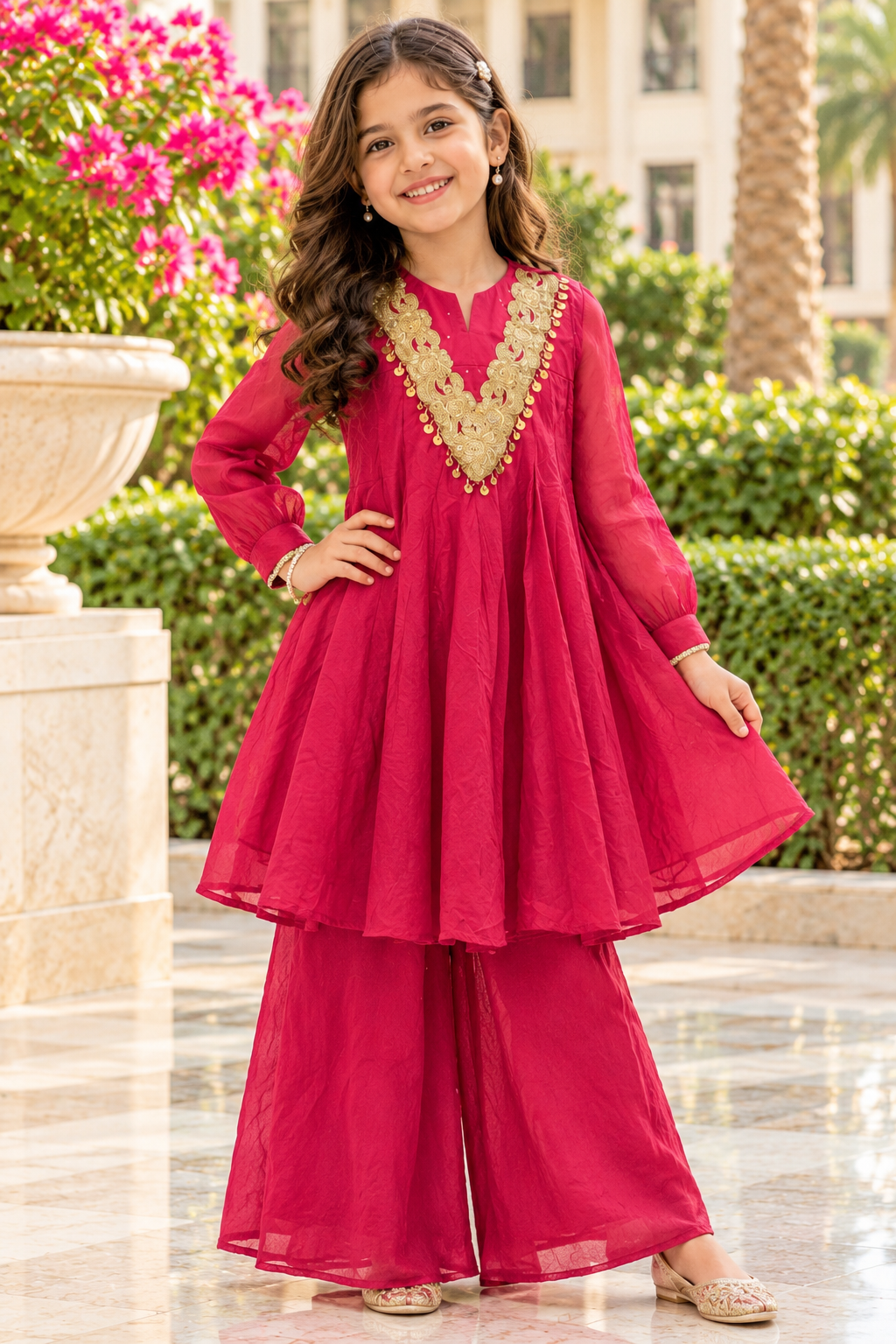 Mul chanderi kurta plazzo set - rani pink