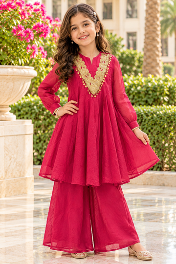 Mul chanderi kurta plazzo set - rani pink