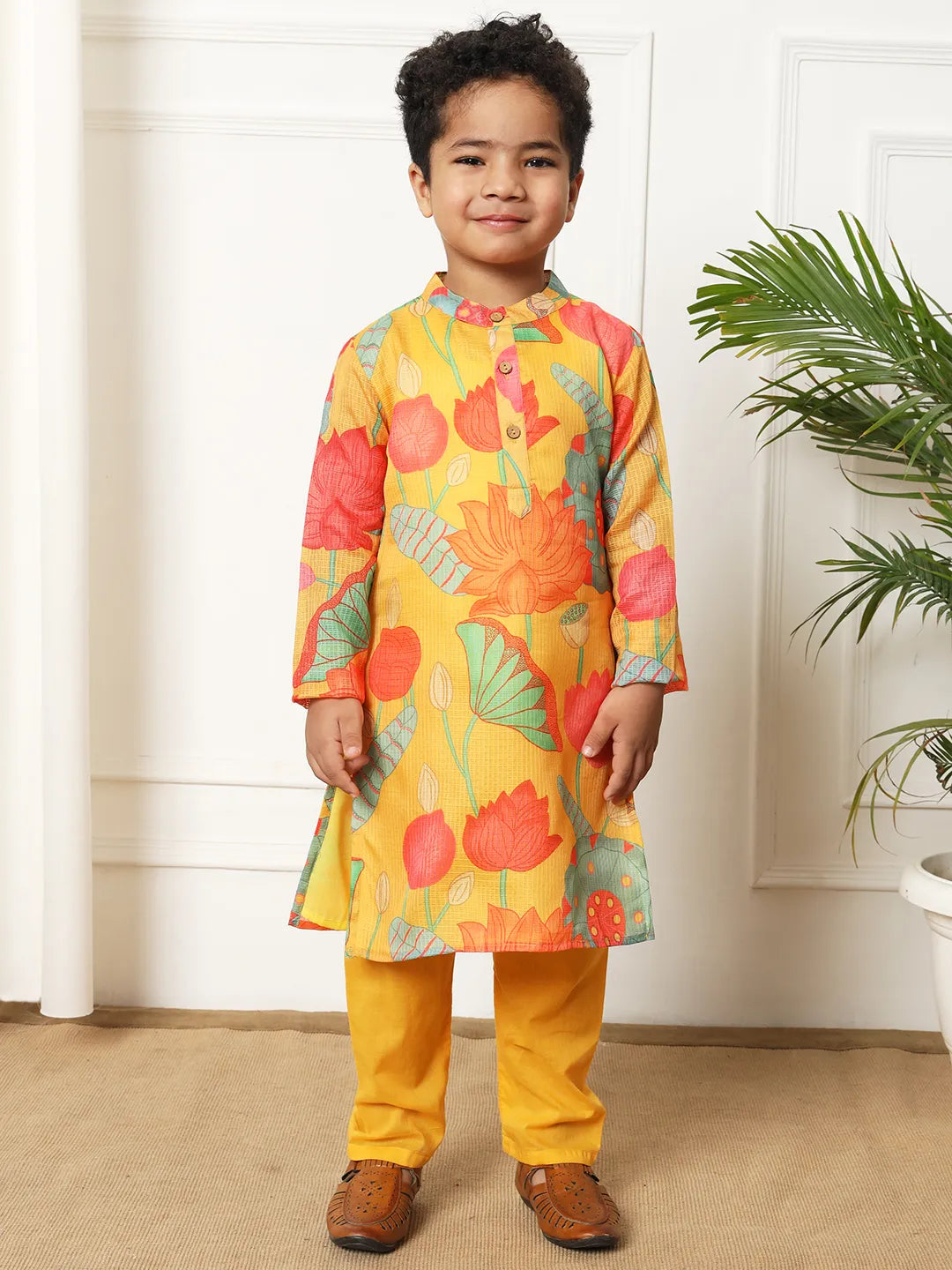 Boys kota doria yellow kurta pajama set