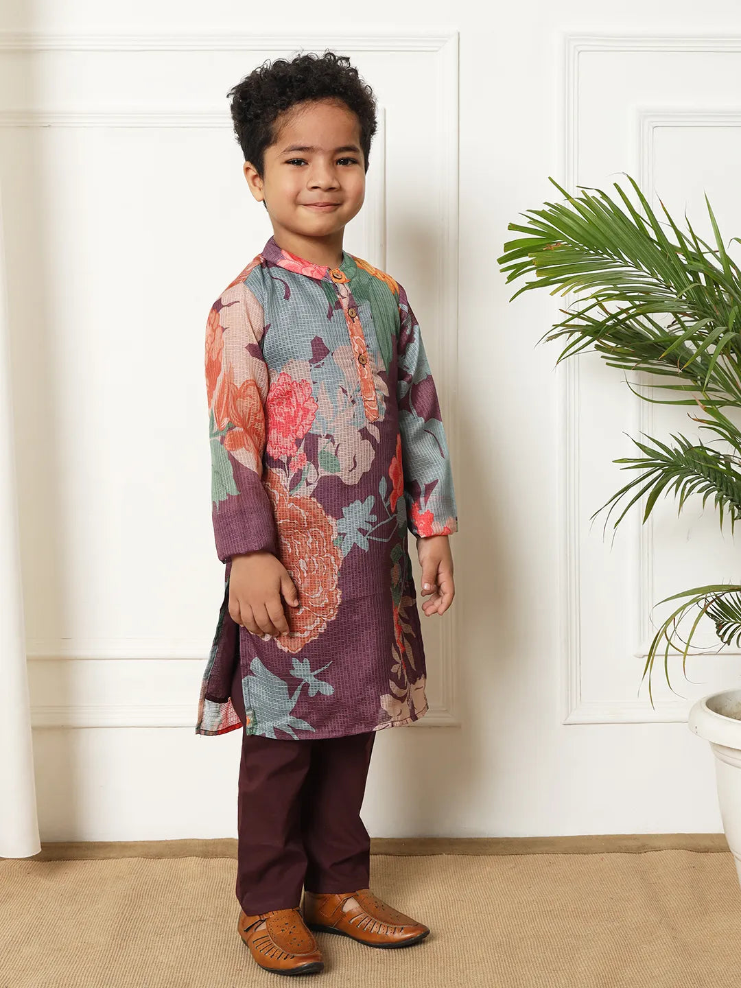 Boys kota doria wine colour kurta pajama set