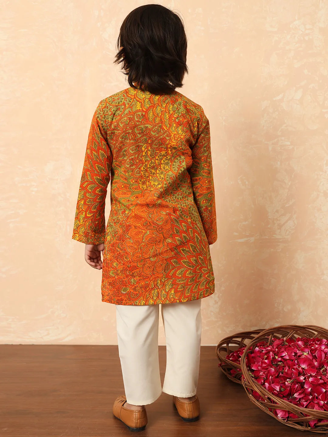 Boys orange elegant print kurta pajama set